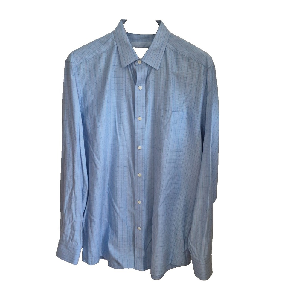 Johnston & Murphy‎ Shirt Mens L Blue Plaid Check Flip Cuff Long Sleeve
